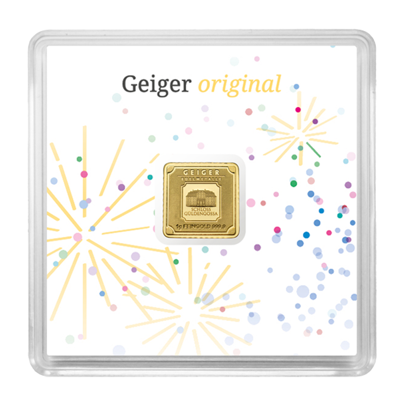 Goldbarren Geiger original - 1 g .9999 quadratisch in Kapsel Edition Feierliche Anlässe