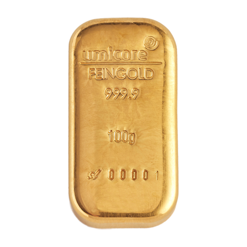 Goldbarren - 100 g .9999 - Umicore Neuware (gegossen)