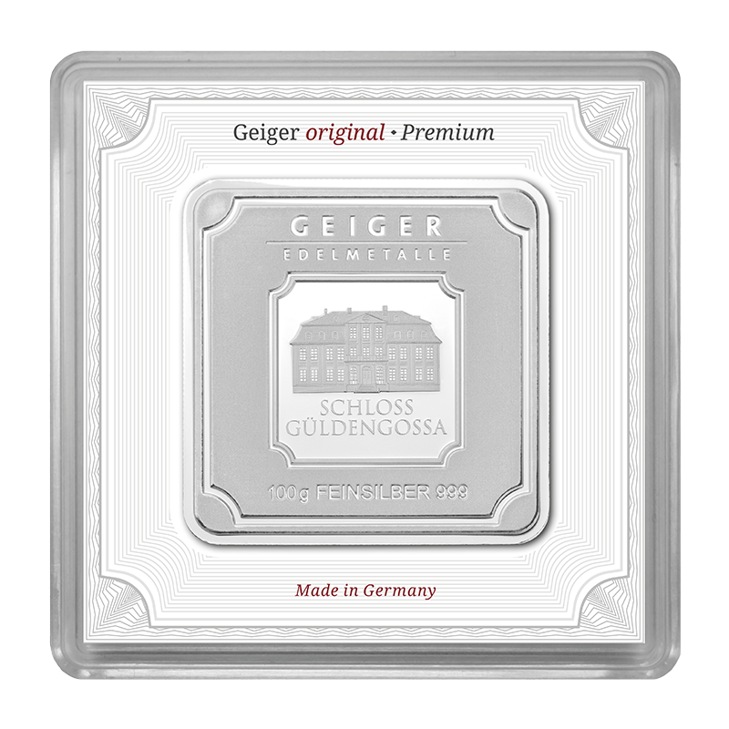 Silberbarren Geiger original - 100 g .999 quadratisch in Kapsel