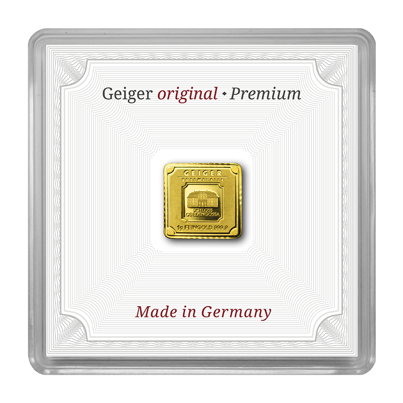 Gold Bar Geiger original - 1 g .9999 square within capsule