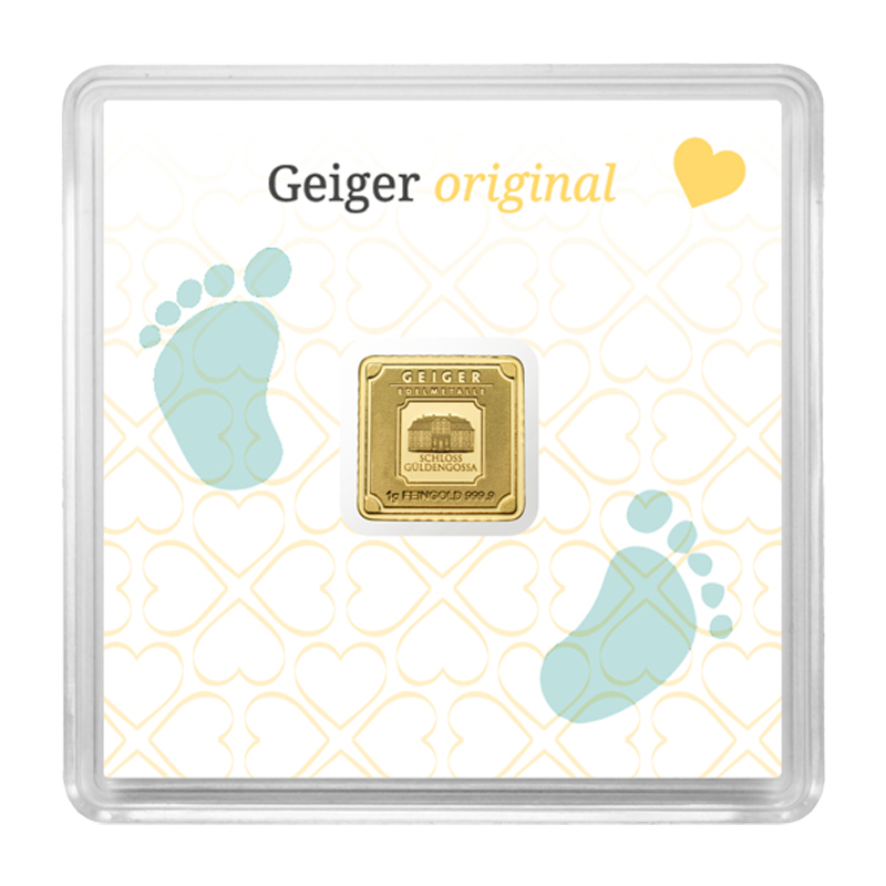 Goldbarren Geiger original - 1 g .9999 quadratisch in Kapsel Edition Geburt