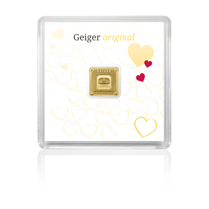 Goldbarren Geiger original - 1 g .9999 quadratisch in Kapsel Edition Liebe