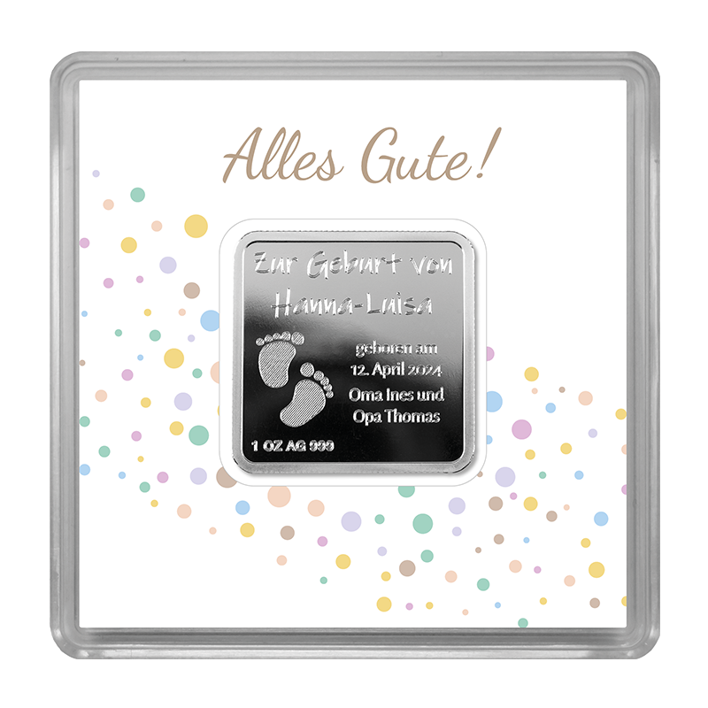 Engraved bar square - 1 oz silver .999 for individualization - with certificate