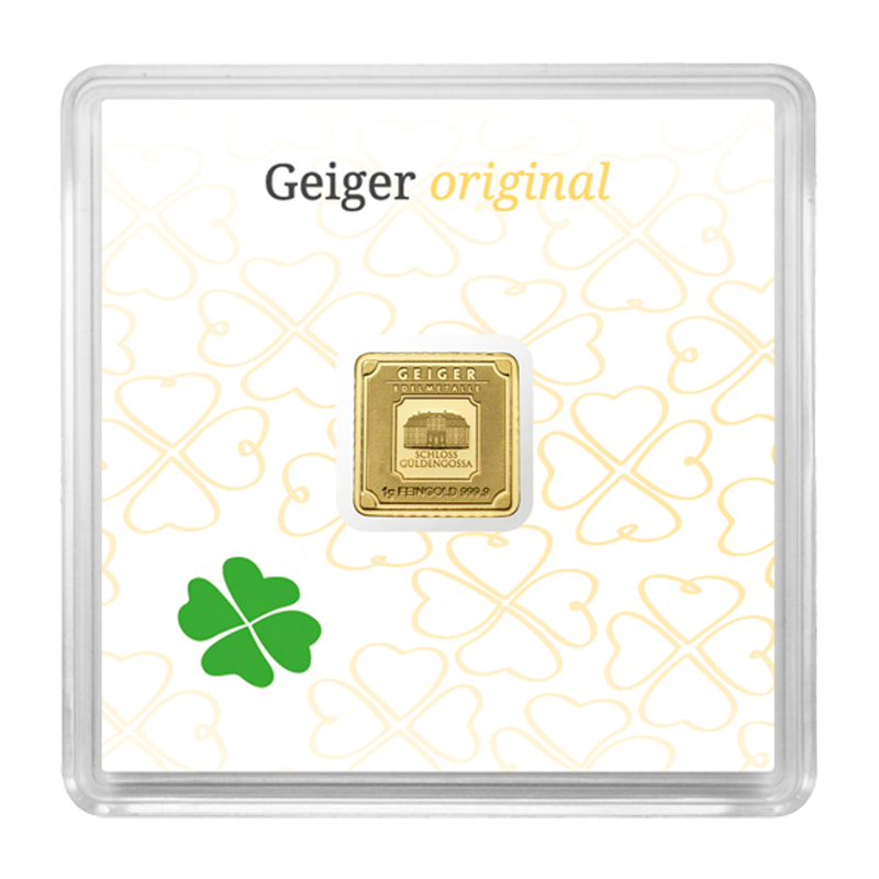 Gold Bar Geiger original - 1 g .9999 square in capsule, good luck edition