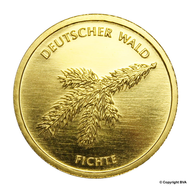 Deutscher Wald: Fichte 2012 - Deutschland 20 Euro 1/8 oz Goldmünze -Prägestätte verschiedene