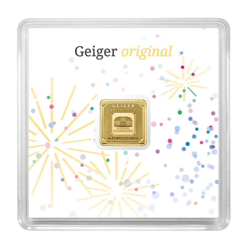 Gold Bar Geiger original - 1 g .9999 square in capsule, congratulations edition