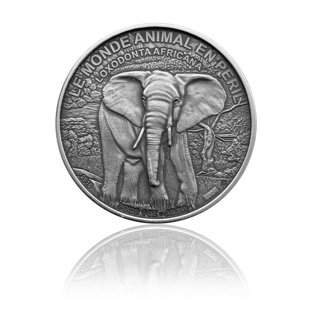 Elephant in danger 2016 - Ivory Coast 1 oz silver coin .999 antique