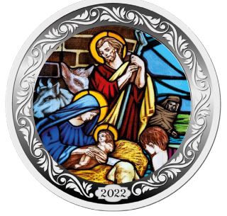 Weihnachten Silbermedaille Schloss Güldengossa 2022 - 1/2 oz christliches Krippenmotiv "Die Weihnachtskrippe" koloriert