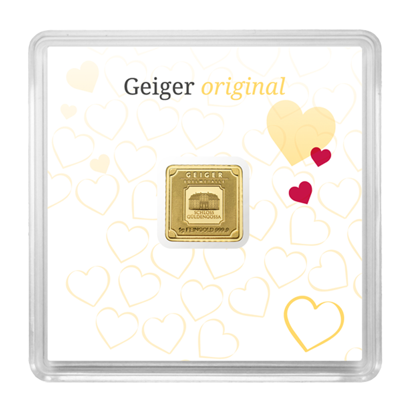 Goldbarren Geiger original - 1 g .9999 quadratisch in Kapsel Edition Liebe