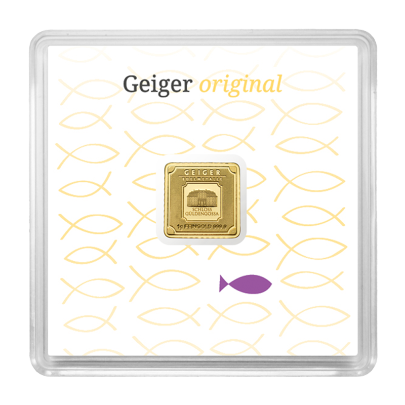 Gold Bar Geiger original - 1 g .9999 square in capsule, Christian edition