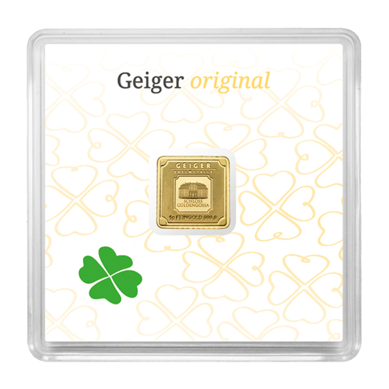Goldbarren Geiger original - 1 g .9999 quadratisch in Kapsel Edition Glück