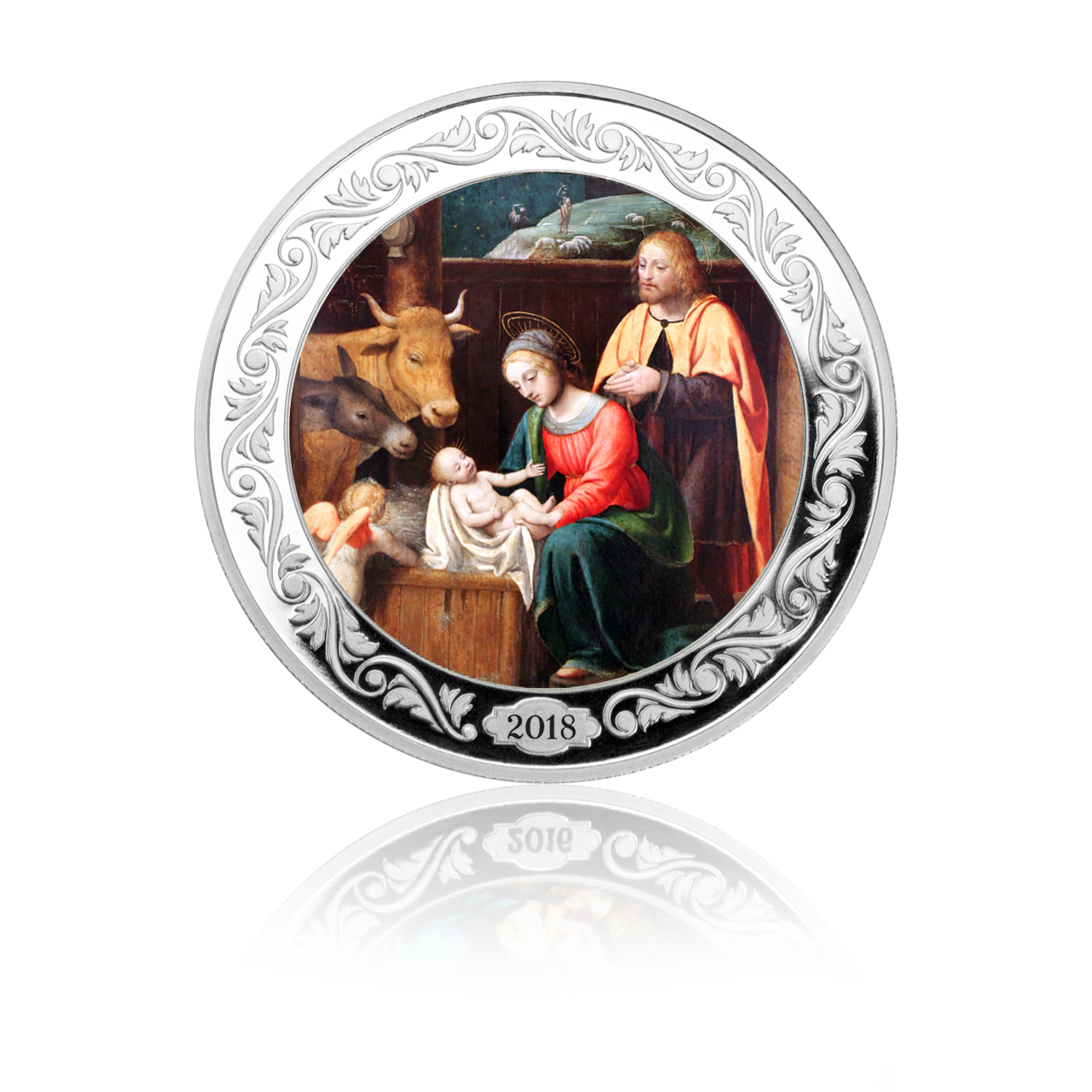 Christmas medal 2018 „The birth of Christ“ - 1/2 oz silver with coloration