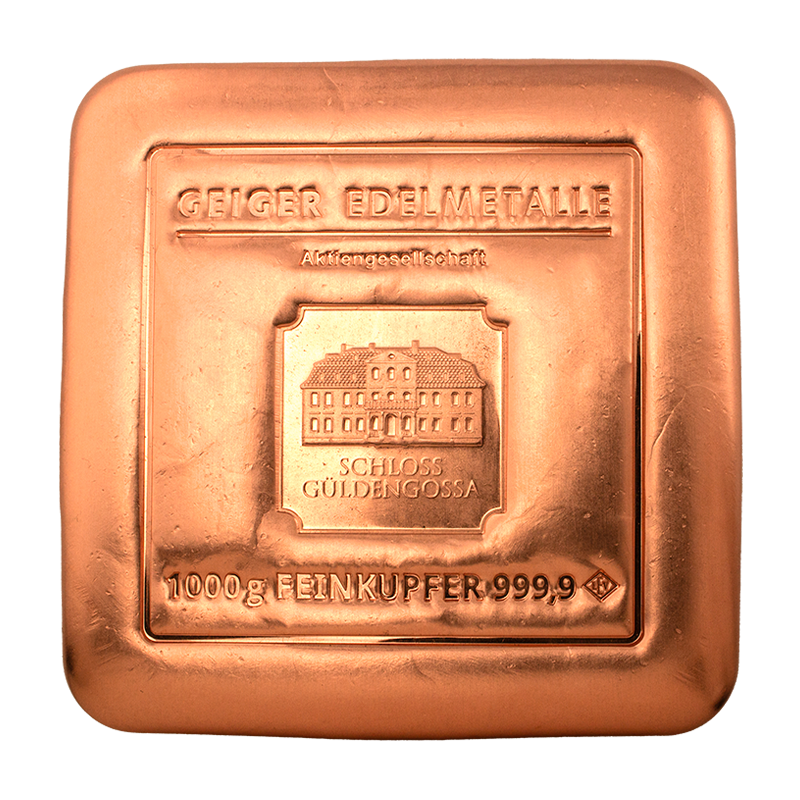 Kupferbarren Geiger Original - 1 kg - gegossen quadratisch .9999