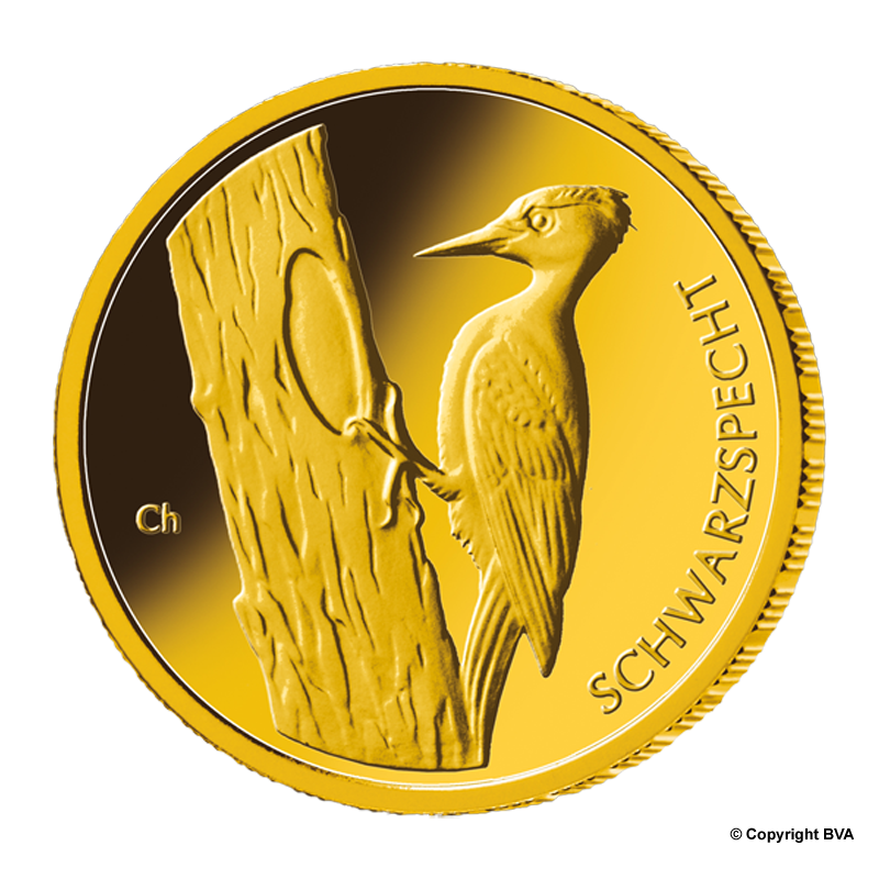Heimische Vögel: "Schwarzspecht" 2021 - Deutschland 20 Euro 1/8 oz Goldmünze - Prägestätte verschiedene