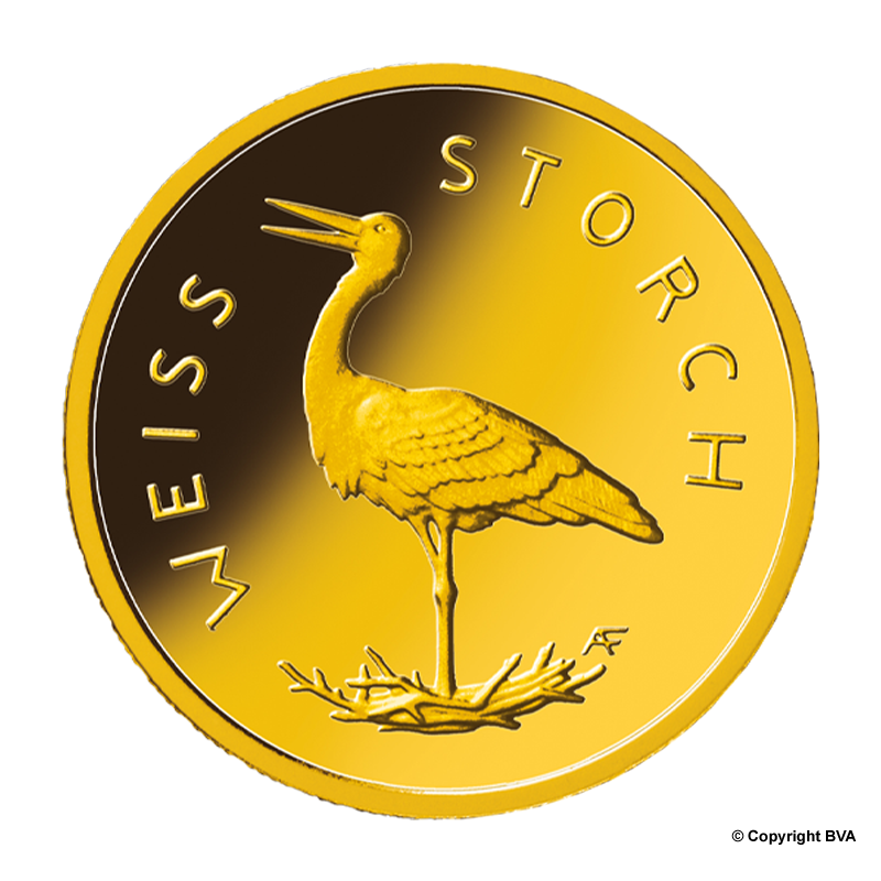 Heimische Vögel: Weißstorch 2020 -Deutschland 20 Euro 1/8 oz Goldmünze -Prägestätte verschiedene
