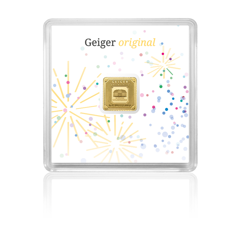 Goldbarren Geiger original - 1 g .9999 quadratisch in Kapsel Edition Feierliche Anlässe