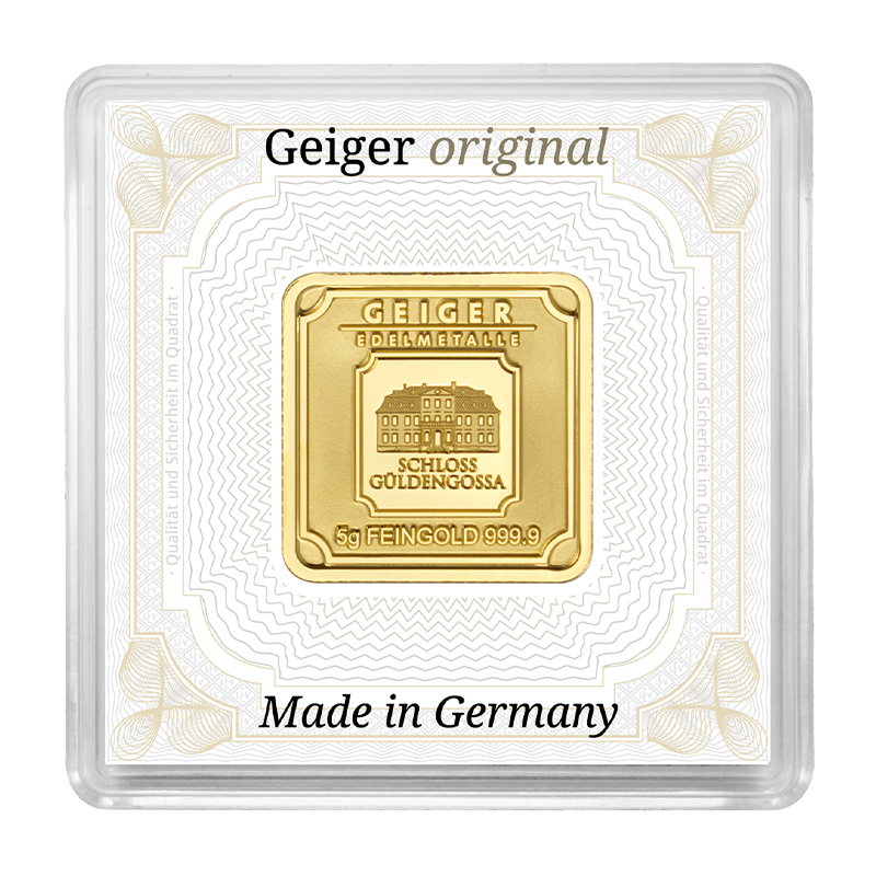 Goldbarren Geiger original - 5 g .9999 quadratisch in Kapsel