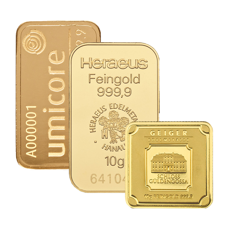 gold bar - 10 g fine gold .9999 - various brands