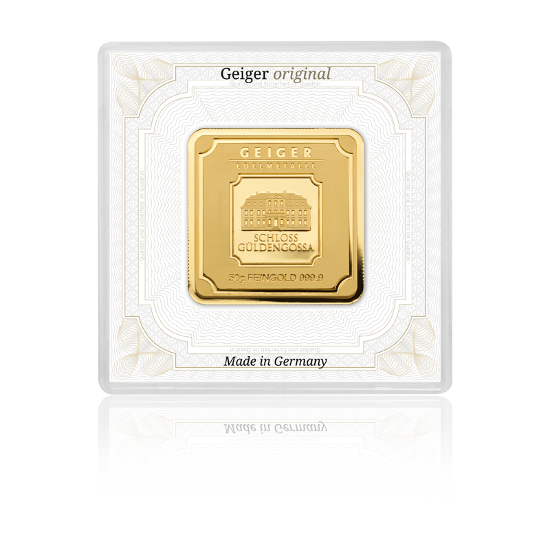 Goldbarren Geiger original - 50 g .9999 quadratisch in Kapsel